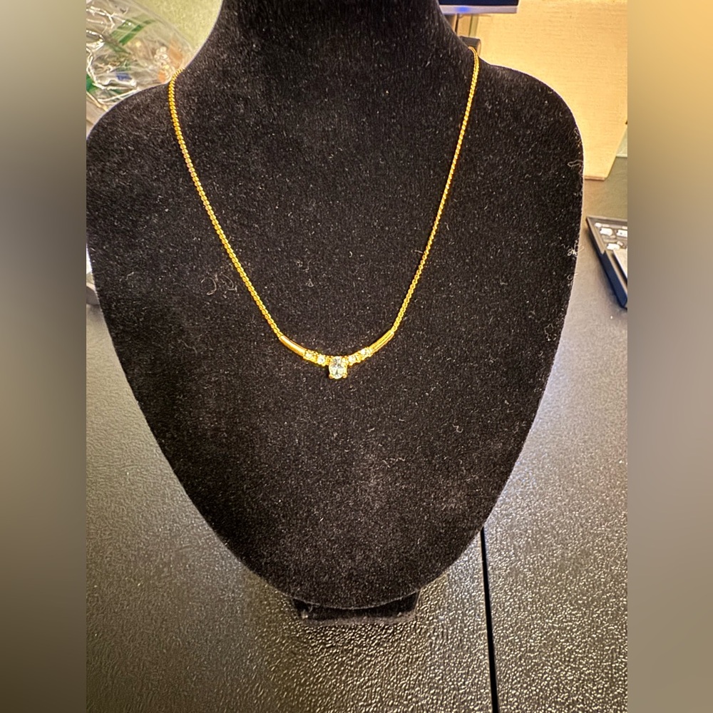 Elegant Gold Tone Necklace with Aquamarine and Clear Colored Crystal Accents